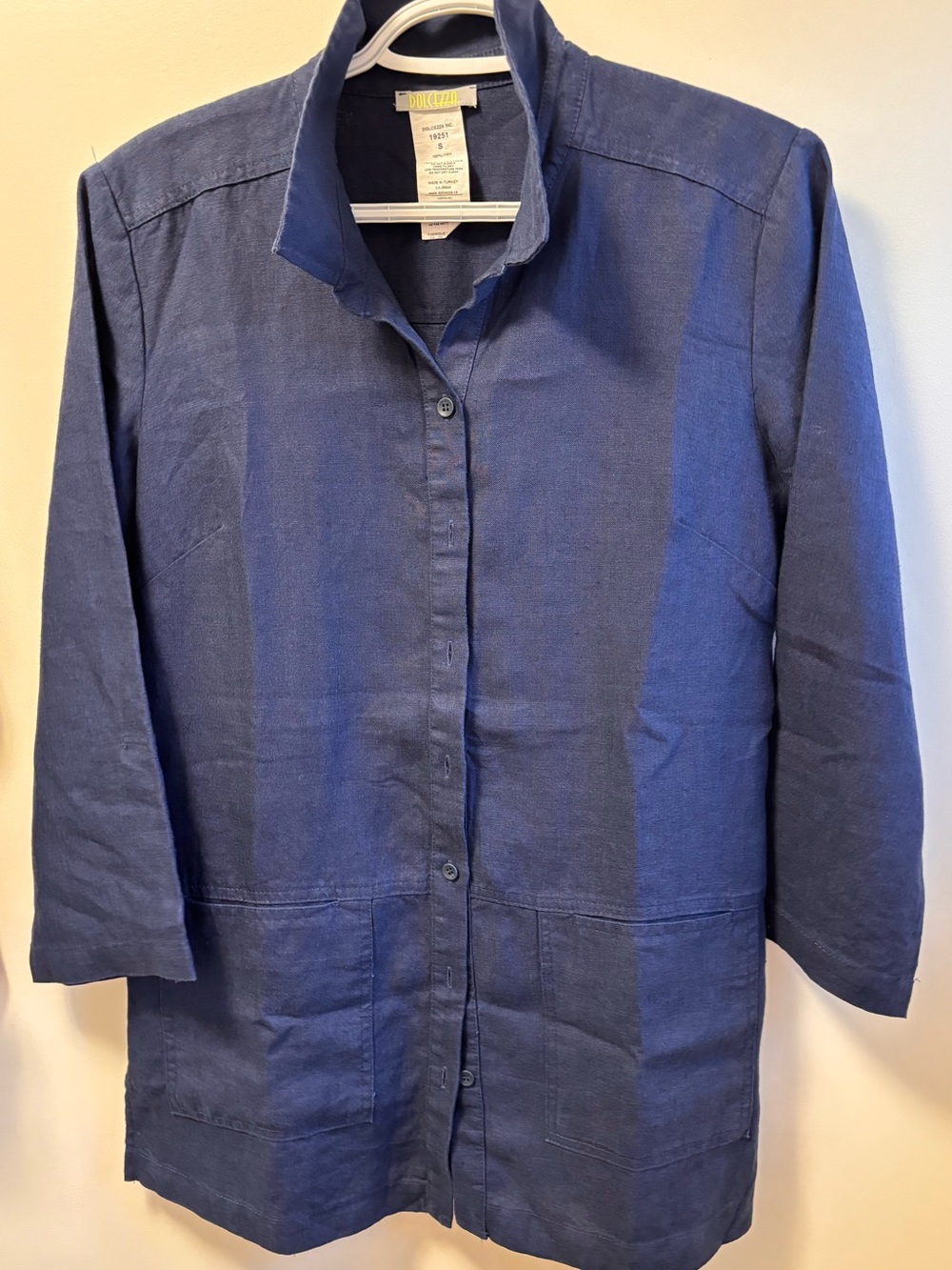 NWT Dolcezza 100% linen Blazer type Jacket Duster with pockets & buttons S Blue